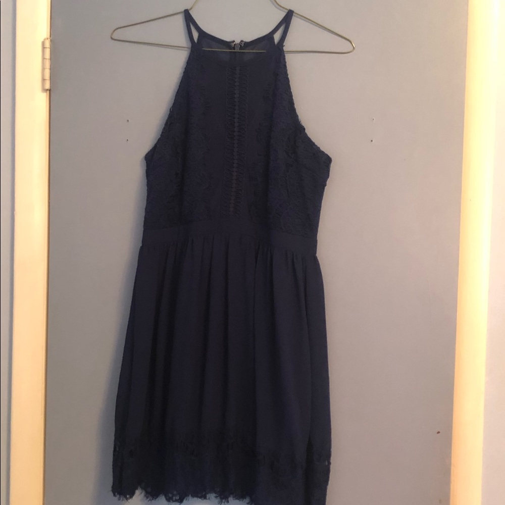 Navy blue midi dress with lace details